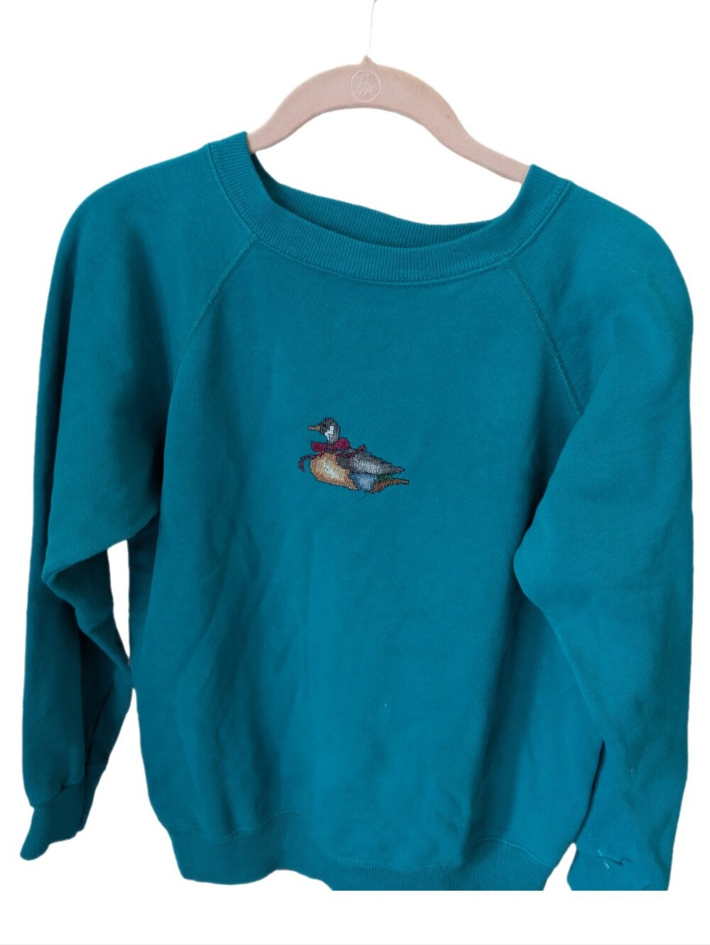 Vintage 90s Embroidered Mallard Duck Crewneck Sweatshirt Teal s/m